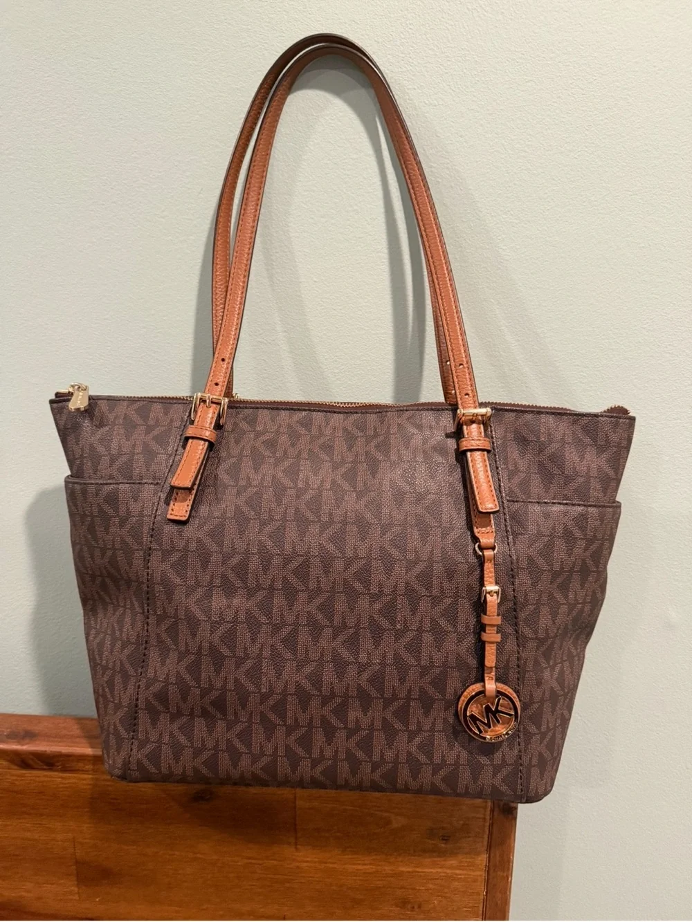 Michael Kors Brown/Tan MK Logo Tote with Gold Accent